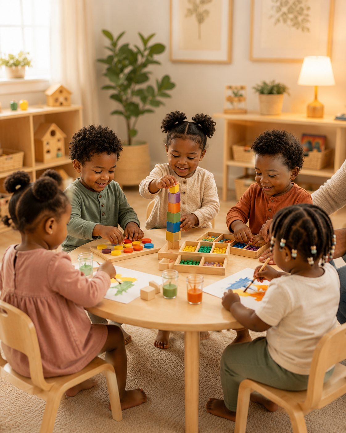 Young children gathered around a table for hands-on group learning and art
