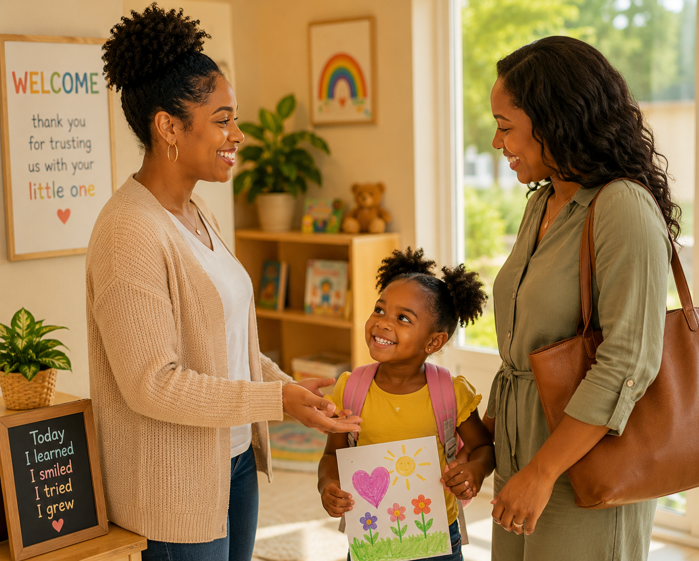 A teacher warmly greeting a child and parent at the door