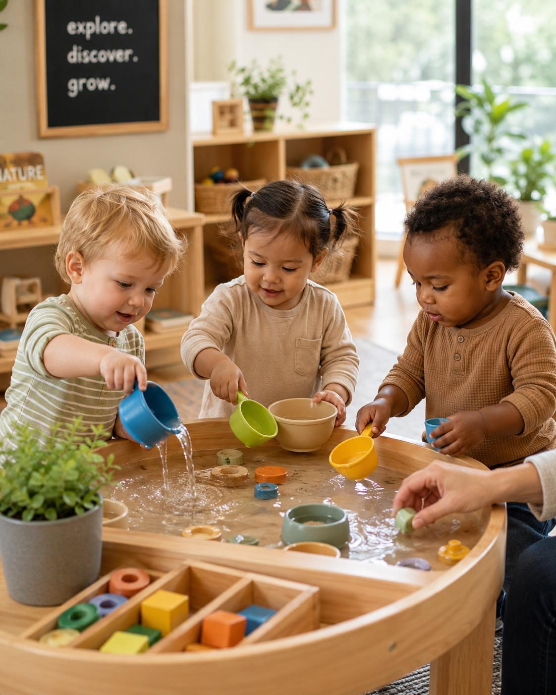 Toddlers pouring and scooping at a water sensory table