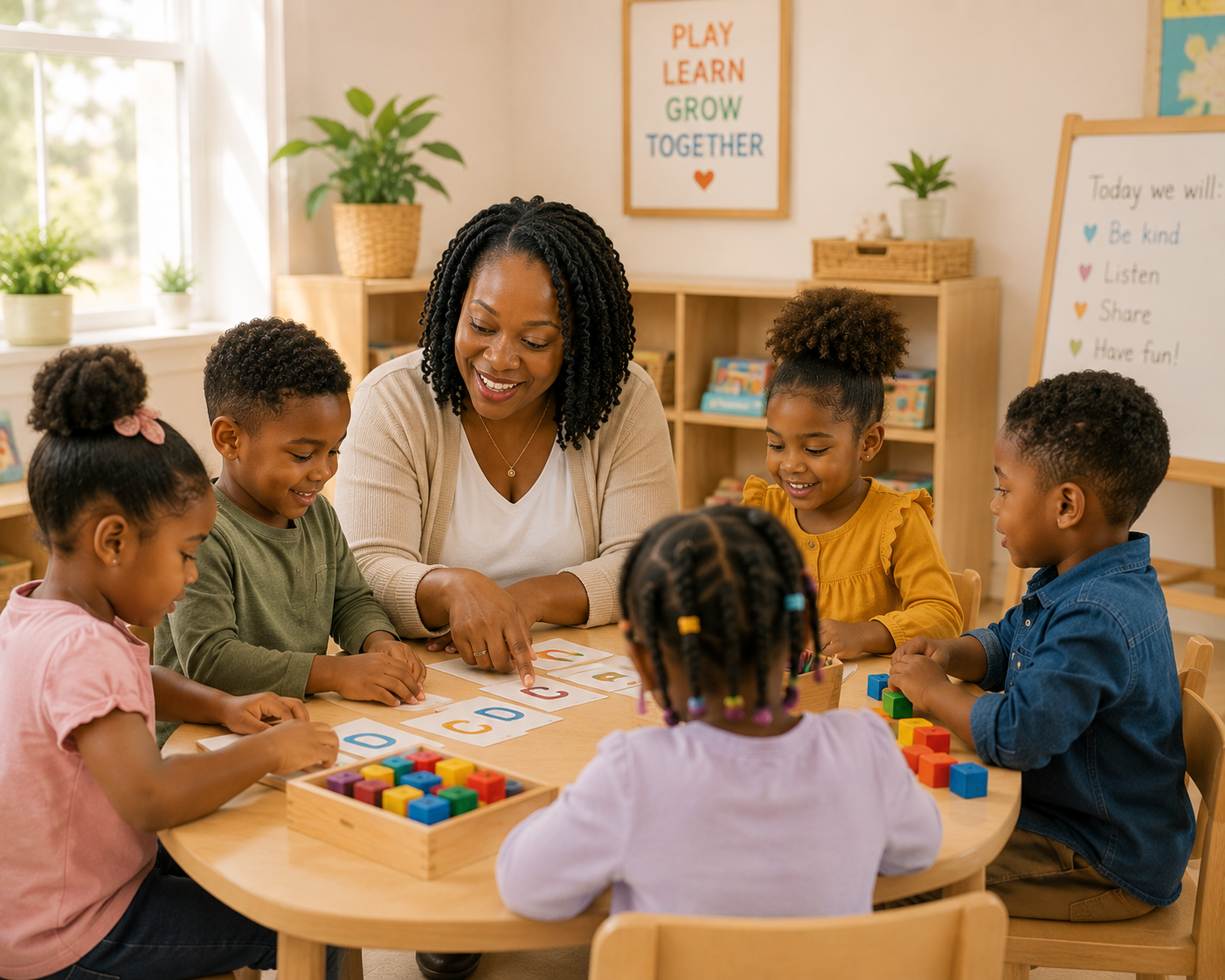 Children and their teacher gathered around a classroom table for learning time