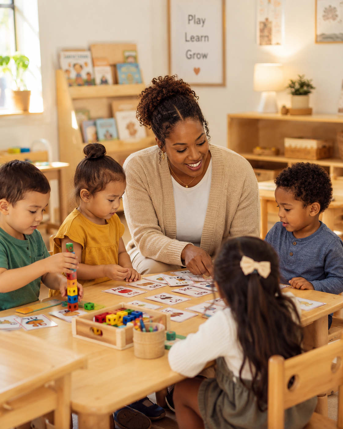 A teacher and children learning together at a classroom table