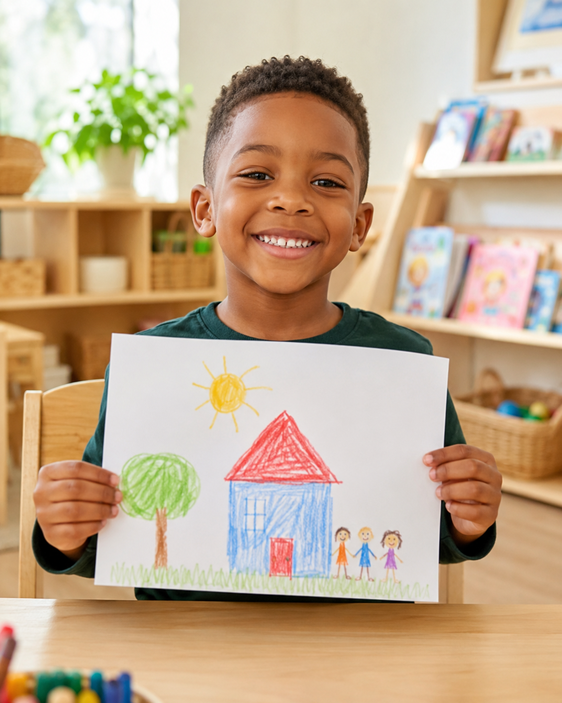 Toddler proudly showing his crayon drawing