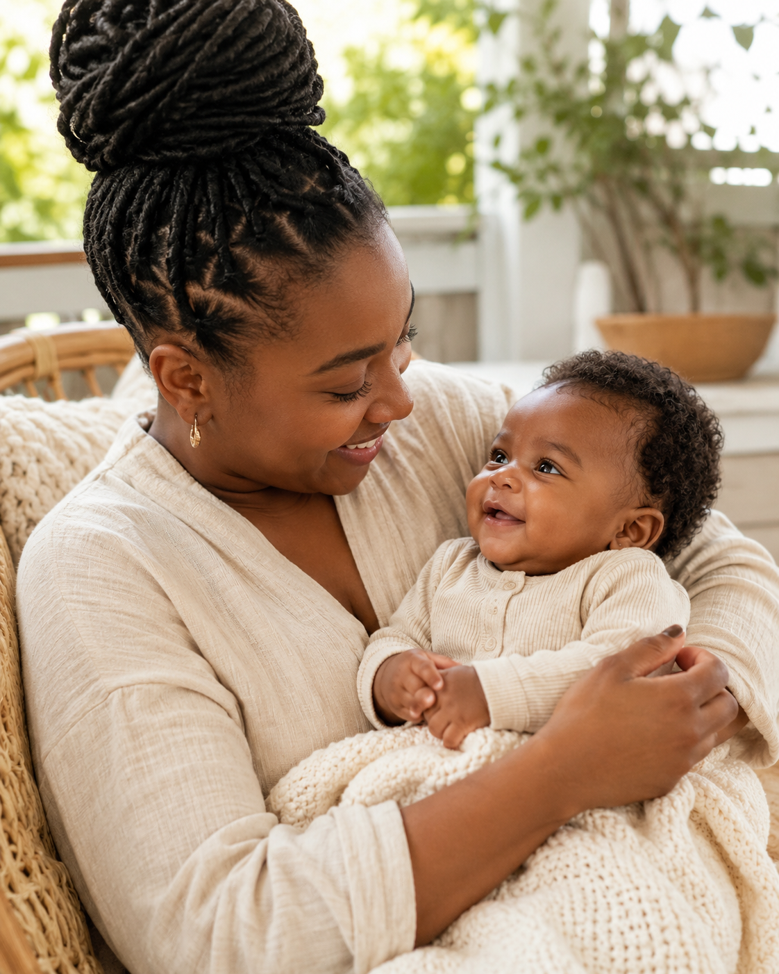 A caregiver cradling a smiling infant