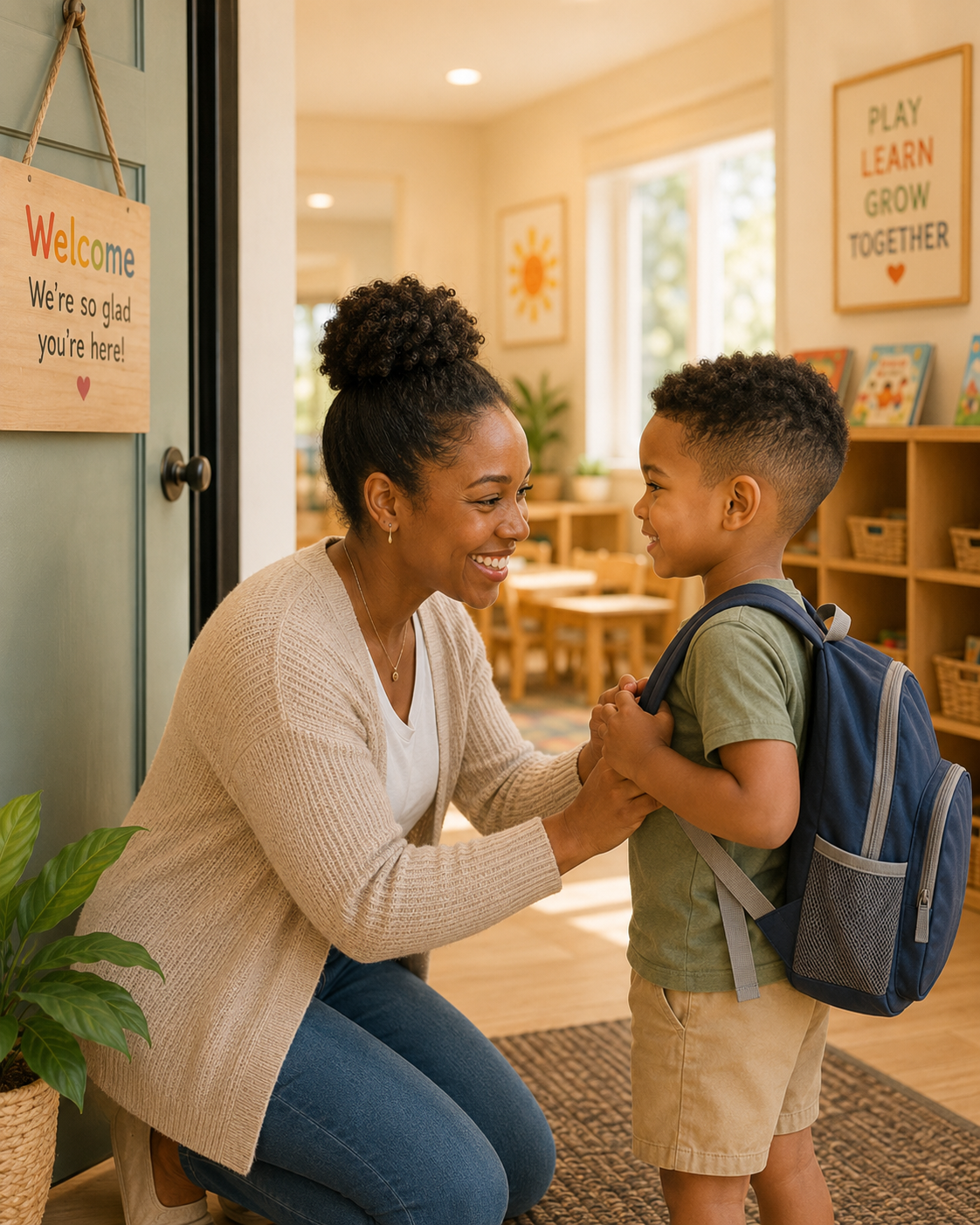 An educator warmly welcoming a child at Robin's Nest