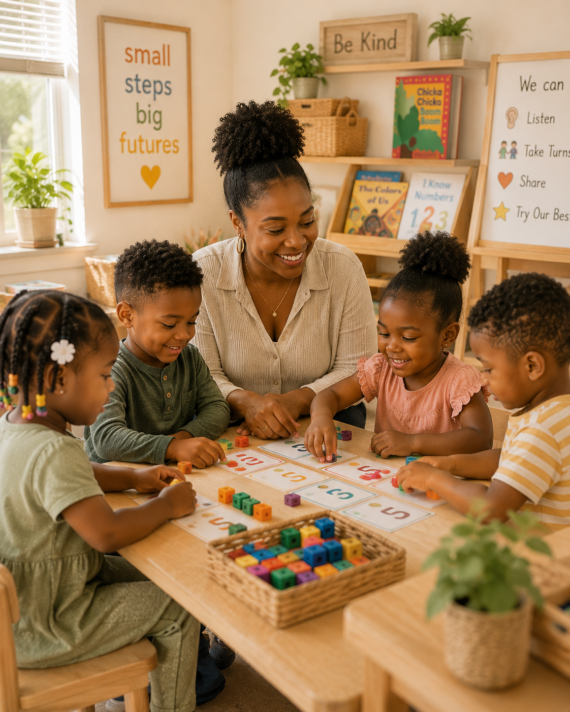 Children working with their teacher at a classroom table