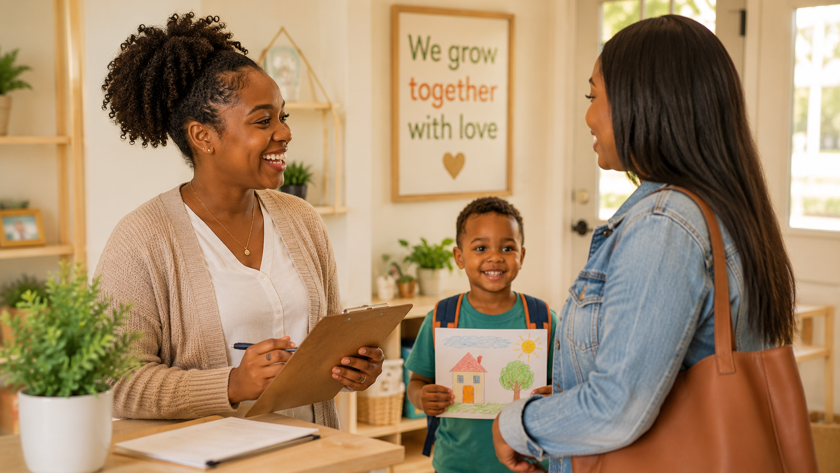 An educator speaking warmly with a parent while a child proudly shares artwork