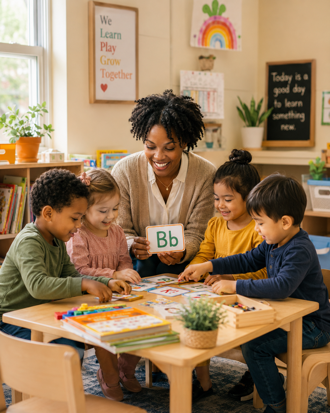 Teacher and preschoolers learning letters together at a table