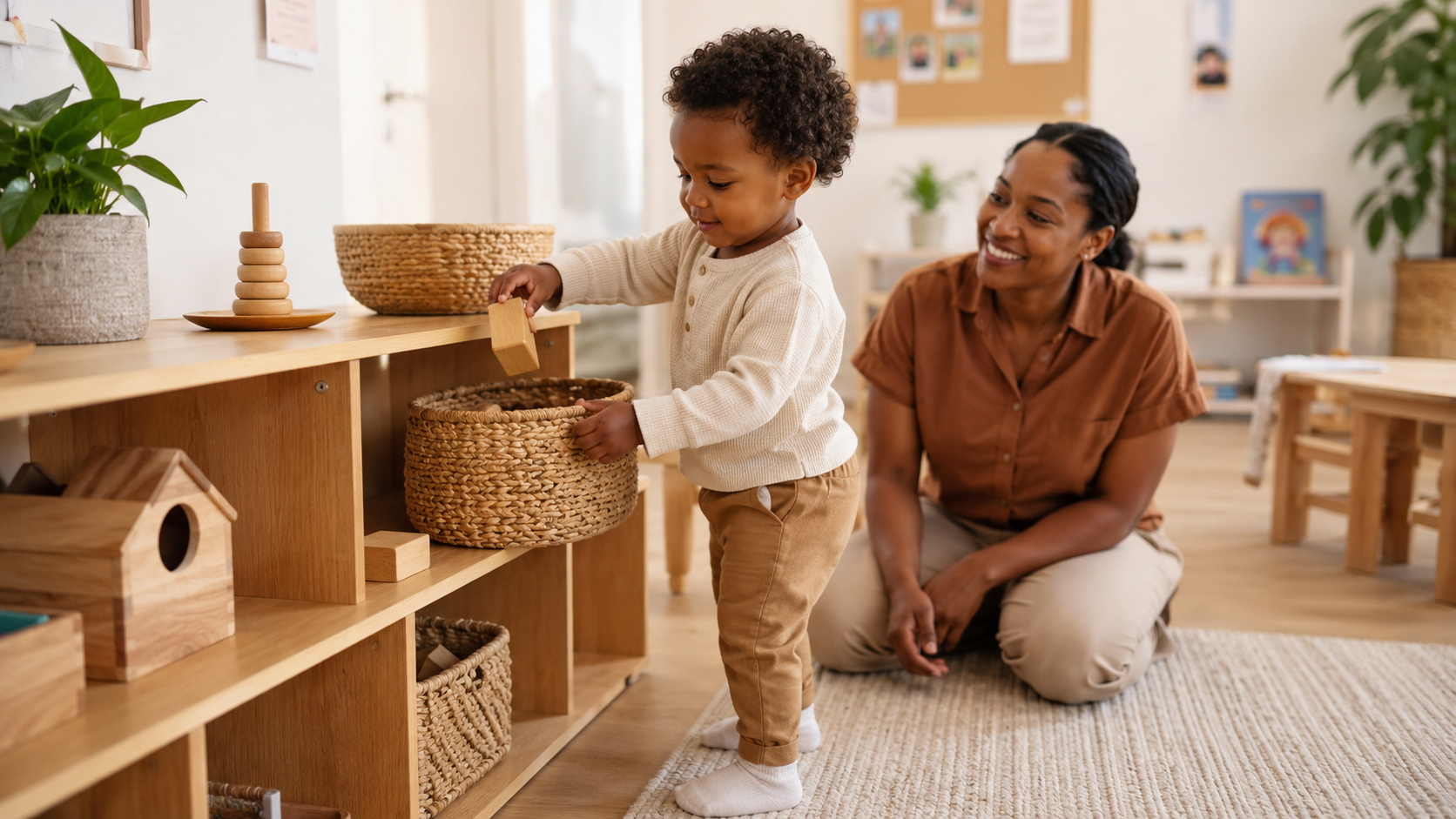 A caregiver guiding an infant during tummy time