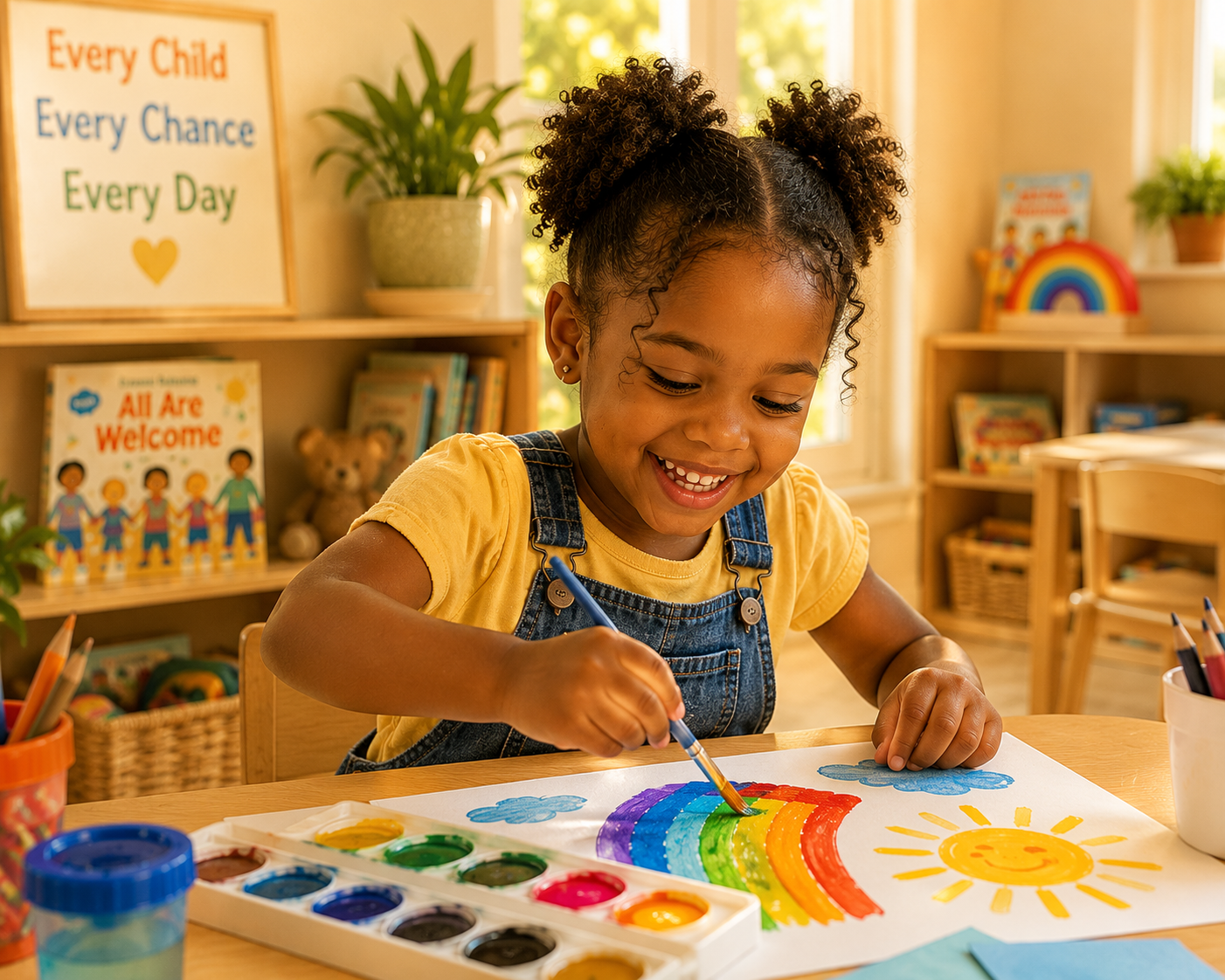 A preschool child joyfully painting in a sunlit classroom