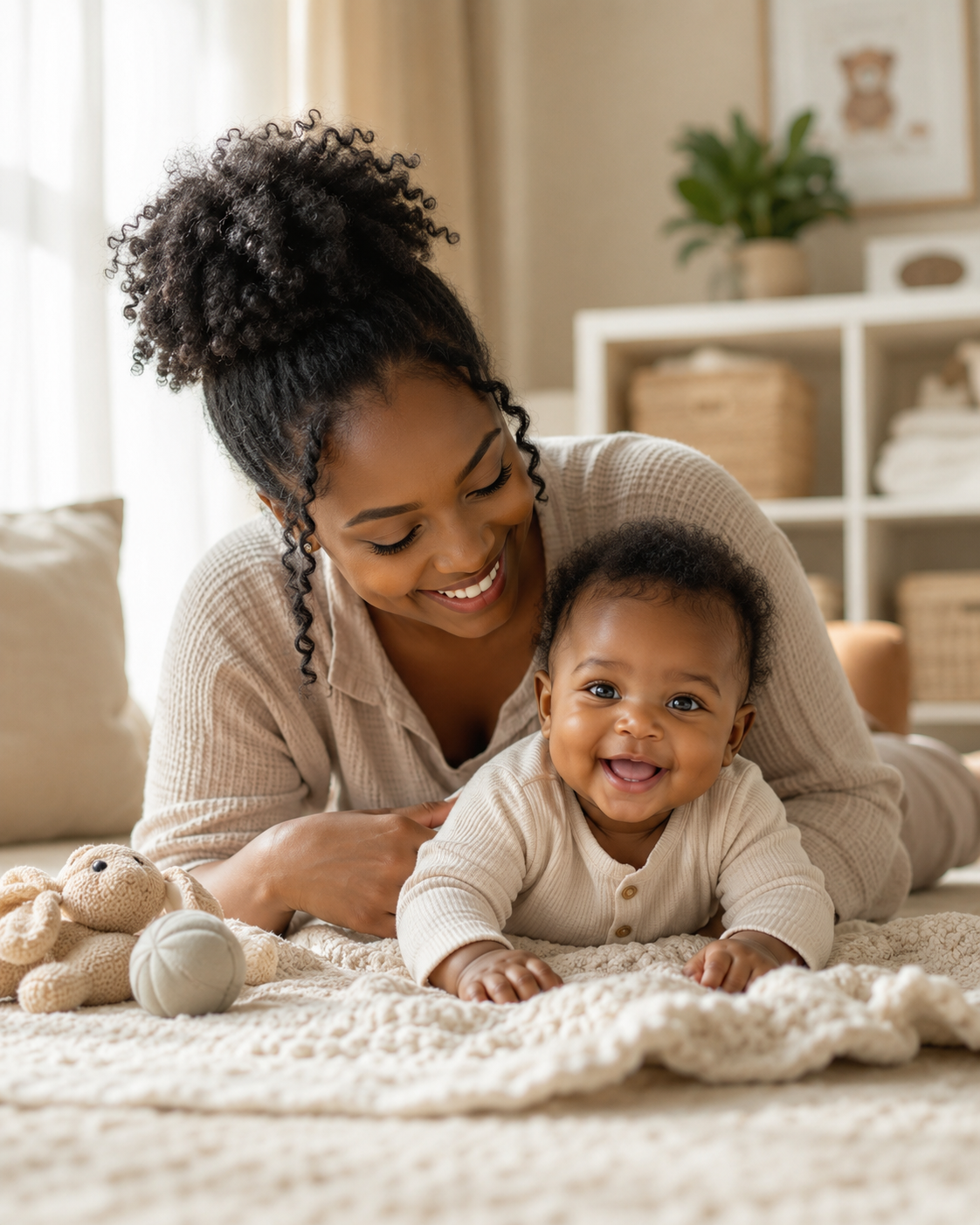 Caregiver smiling with a happy infant during tummy time