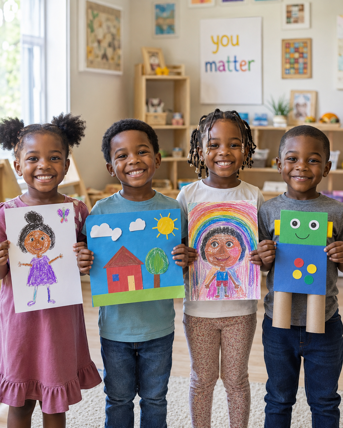 Preschoolers showing their artwork