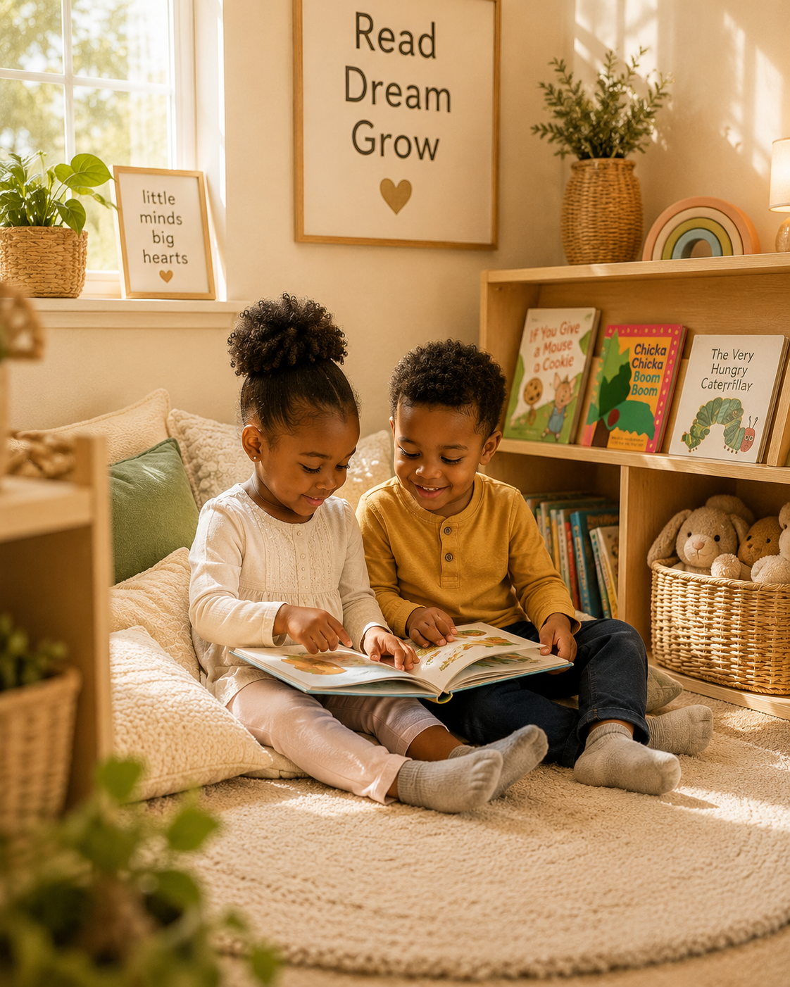Two children reading together in a cozy classroom corner